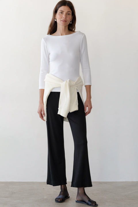 DONNI Baby Rib Scallop Pant Jet - Front View Showing Elastic Waist and Scalloped Hem Detail