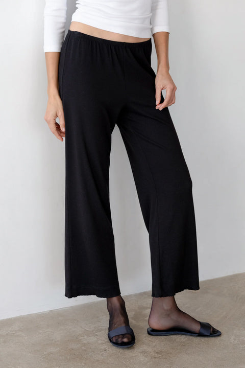 DONNI The Baby Rib Scallop Pant in Jet - Women's Cropped Straight Leg Pant in Buttery-Soft Modal Cotton with Scalloped Trim