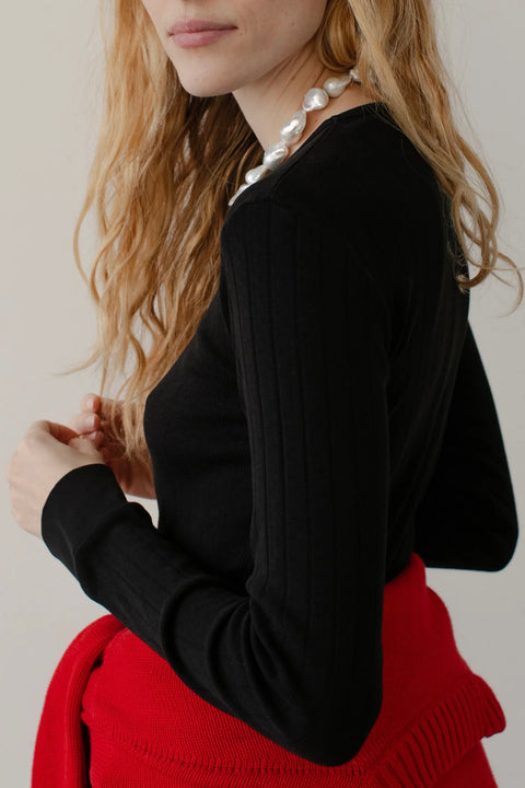 DONNI The Pointelle Long Sleeve in Jet - Women's Fitted Crew Neck Top in Organic Cotton Pointelle Knit with Eyelet Detail