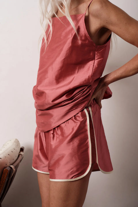 DONNI The Taffeta Racer Stripe Short | Rhubarb