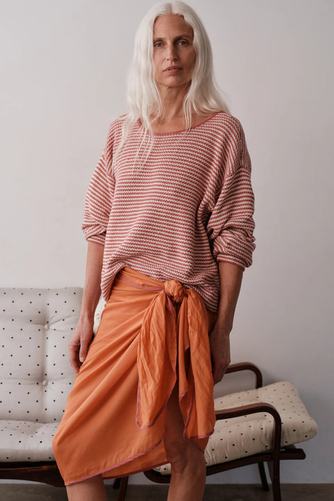 DONNI The Cotton Knit Stripe Sweater in Rhubarb with Creme - Women's Textured Stripe Knit with Wide Crew Neckline and Dropped Shoulders