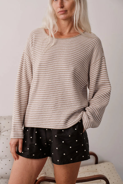 DONNI The Cotton Knit Stripe Sweater in Shitake with Powder - Women's Textured Stripe Knit with Wide Crew Neckline and Dropped Shoulders