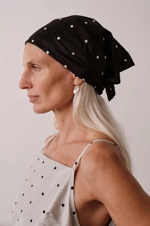DONNI The Silk Taffeta Headscarf | Jet Creme Polka Dots