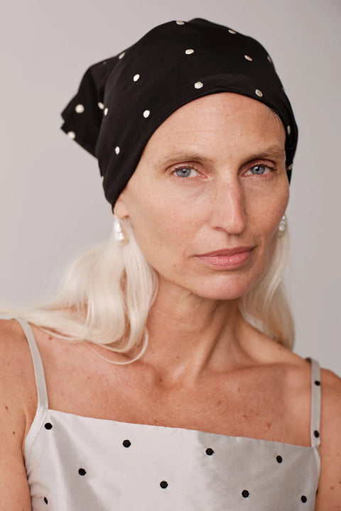 DONNI The Silk Taffeta Headscarf | Jet Creme Polka Dots