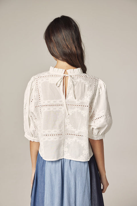 Cotton eyelet blouse back view with tie closure detail.