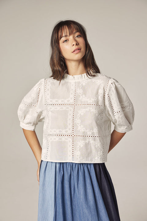 Embroidered puff sleeve blouse full front outfit. 100% Cotton.