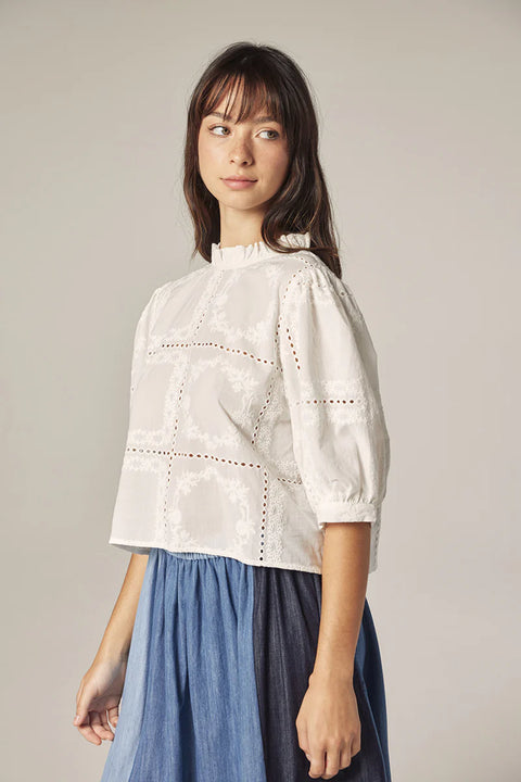 Embroidered cotton blouse puff sleeve side view detail.