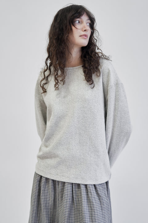 Terry cotton relaxed light grey crew sweater, unisex, relaxed sleeve, drop shoulder, and a clean, almost rolled hem at the neck