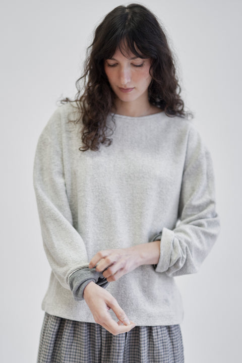 Terry cotton relaxed light grey crew sweater, unisex, relaxed sleeve, drop shoulder, and a clean, almost rolled hem at the neck