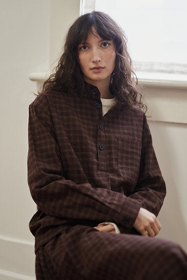 Linen cotton shirt, pullover with 4 buttons half placket, classic collar shirt, rounded pocket