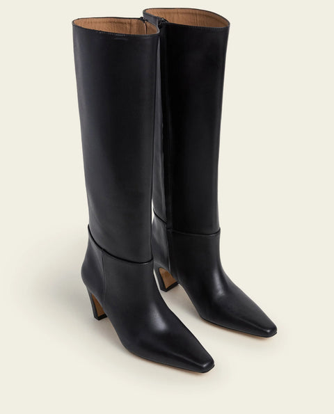 Flattered Xia Boot Black - front view of women's knee-high black leather boot with contoured heel