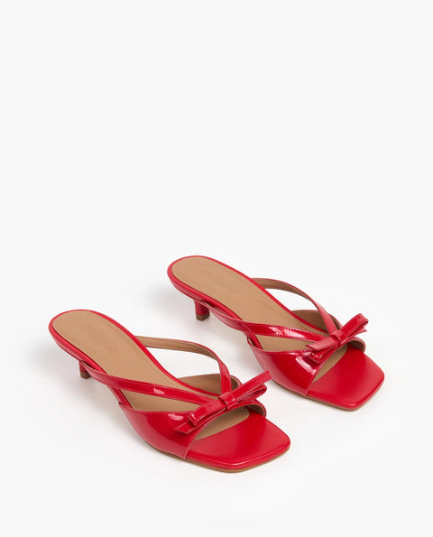 Flattered Jordan strappy chocolate red goat leather sandals with kitten heel and bow detail.