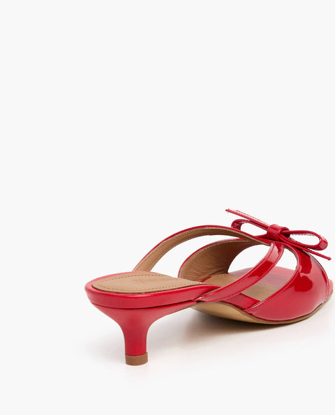 Flattered Jordan strappy chocolate red goat leather sandals with kitten heel and bow detail.