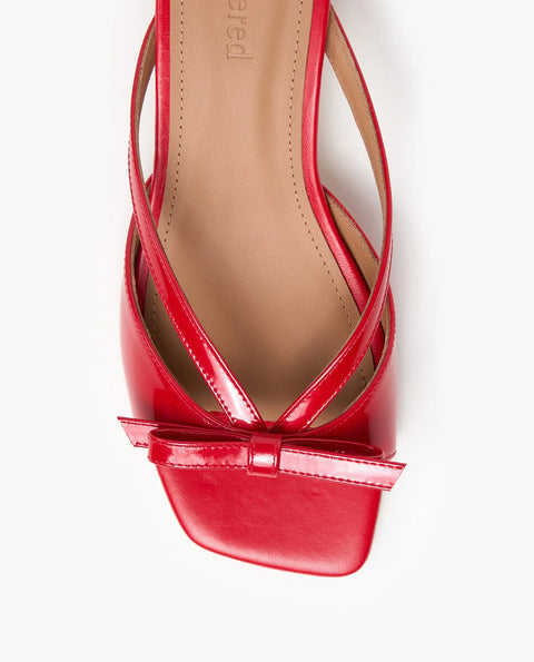 Flattered Jordan strappy chocolate red goat leather sandals with kitten heel and bow detail.