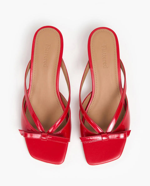 Flattered Jordan strappy chocolate red goat leather sandals with kitten heel and bow detail.