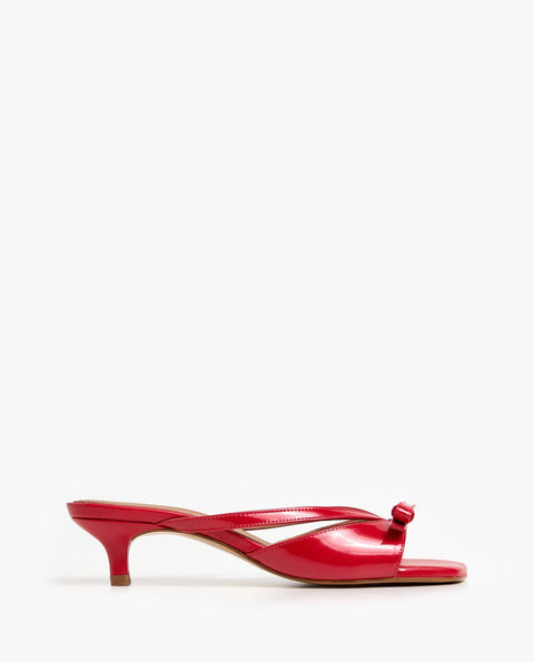 Flattered Jordan strappy chocolate red goat leather sandals with kitten heel and bow detail.