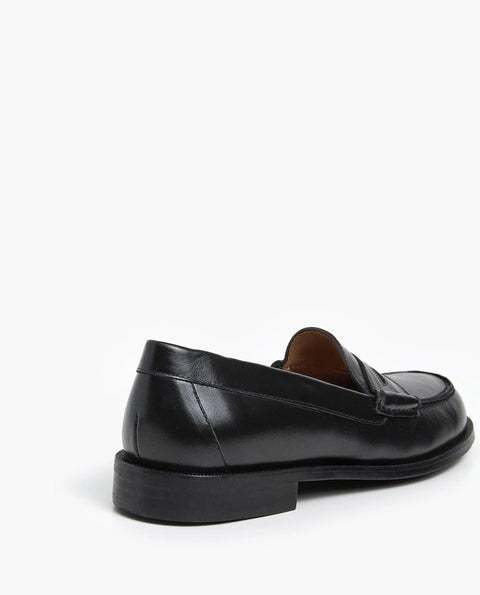 Flattered Sage Black Loafer - Top-Down View Showing Classic Penny Strap and Smooth Cow Leather Toe