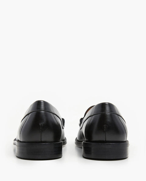 Flattered Sage Black Leather Loafer - On-Foot Styled Shot Showing Everyday Sleek Penny Loafer