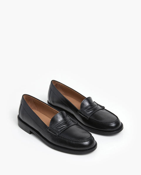 Flattered Sage Loafer in Black - Women's Classic Penny Loafer in Soft Sturdy Cow Leather with Chromefree Goat Leather Lining, Made in Spain
