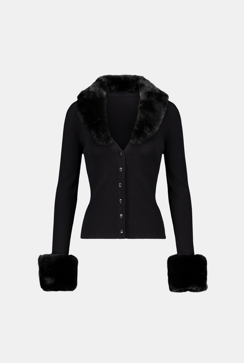 Saemdi Faux Fur Trim Cardigan | Black