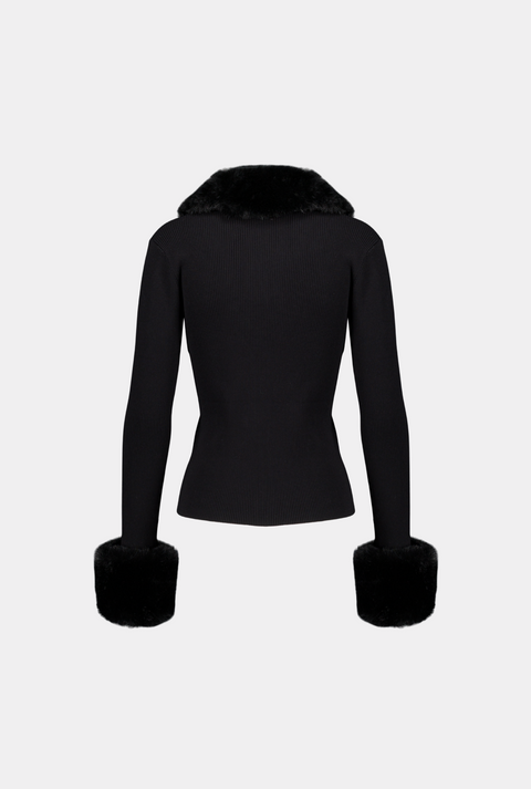 Saemdi Faux Fur Trim Cardigan | Black