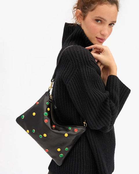 Clare V Flat Clutch with Tabs Black Bonbon Studs – styled as crossbody bag, versatile carrying options