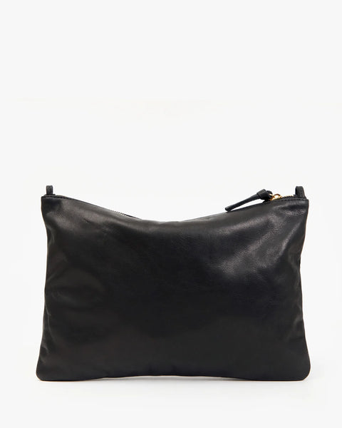 Clare V Black Flat Clutch with Tabs – back view, 100% leather with chambray lining, made in Los Angeles