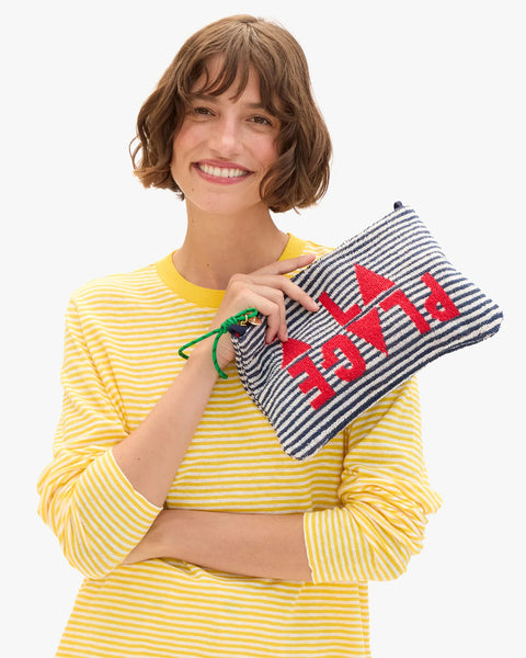 Clare V Flat Clutch with Tabs in Deep Dive with Cream A La Plage - Terry Cloth Wristlet Clutch with Sail Cord Strap