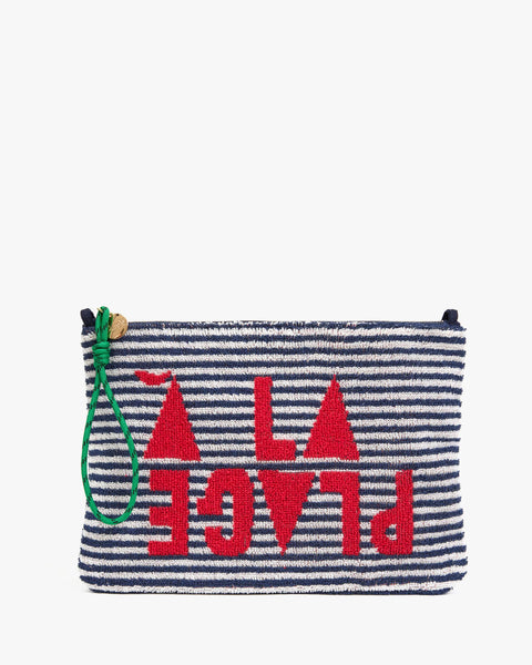 Clare V Flat Clutch Deep Dive Cream - Front View of 100% Cotton Terry Cloth Clutch Bag with Tab Detail