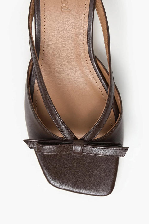 Flattered Jordan strappy chocolate brown goat leather sandals with kitten heel and bow detail.