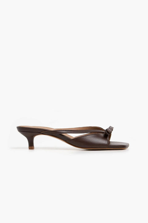 Flattered Jordan strappy chocolate brown goat leather sandals with kitten heel and bow detail.