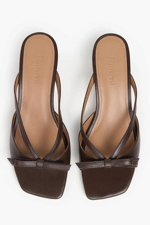 Flattered Jordan strappy chocolate brown goat leather sandals with kitten heel and bow detail.