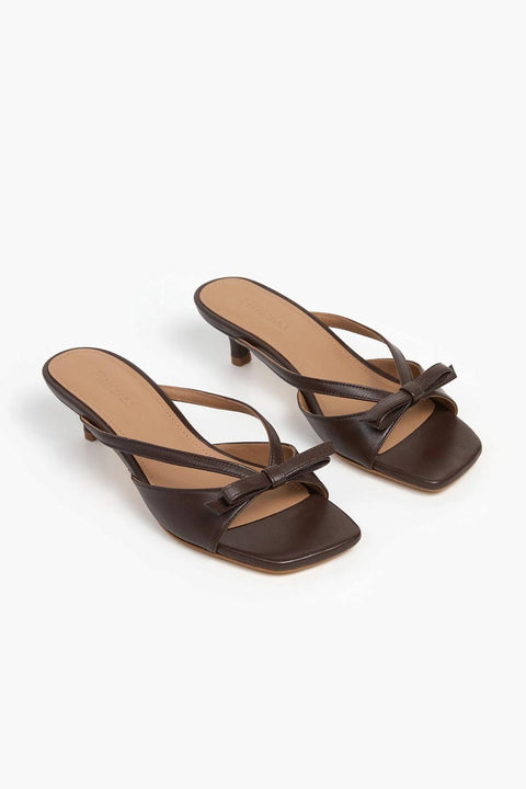 Flattered Jordan strappy chocolate brown goat leather sandals with kitten heel and bow detail.