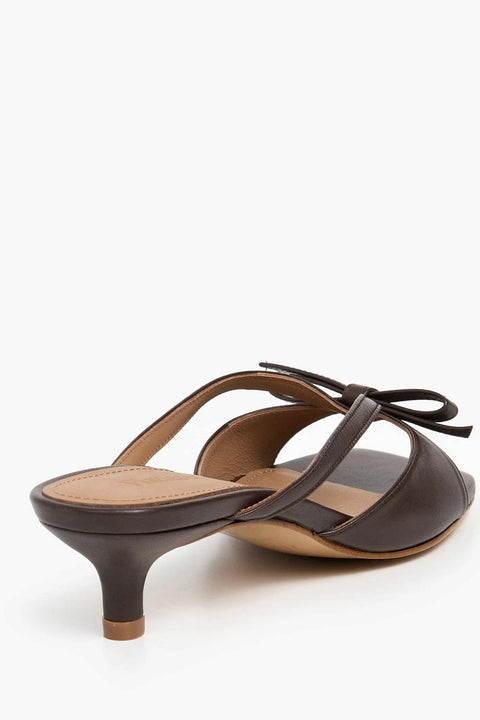 Flattered Jordan strappy chocolate brown goat leather sandals with kitten heel and bow detail.