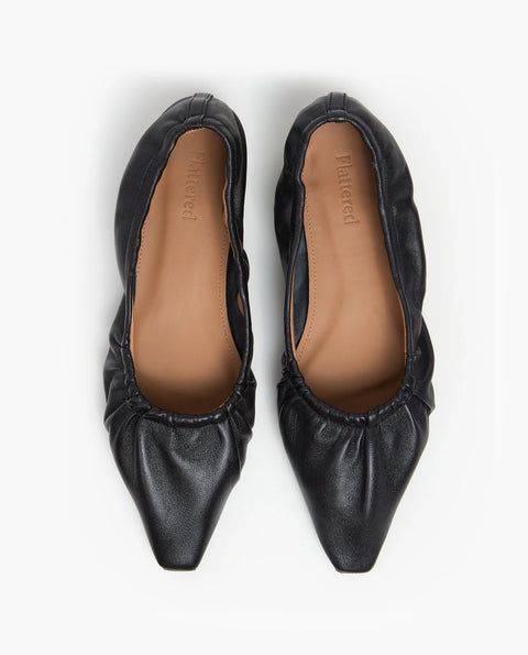 Pointed toe with flat end leather ballet flat, allover-ruched ballet flat sits low for a sleek silhouette and all-day comfort. goat leather and finished with a minimal 6mm heel