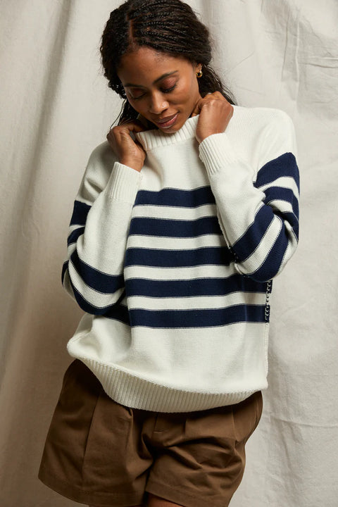 Perfect White Tee Perfect White Tee Ginger Slouchy Crewneck Sweater in Navy with Sugar Stripe: features cotton, knit, oversized, relaxed
