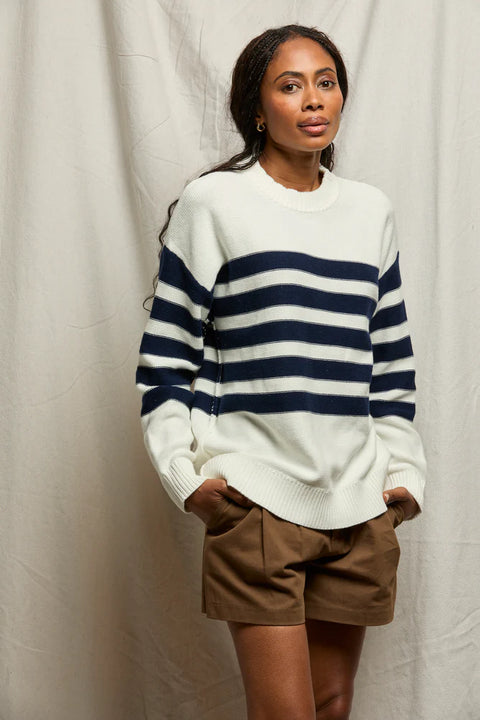 Perfect White Tee Perfect White Tee Ginger Slouchy Crewneck Sweater in Navy with Sugar Stripe: features cotton, knit, oversized, relaxed
