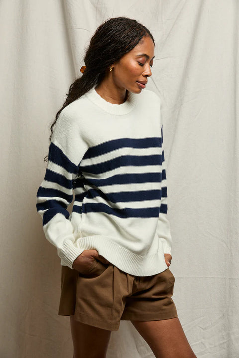 Perfect White Tee Perfect White Tee Ginger Slouchy Crewneck Sweater in Navy with Sugar Stripe: features cotton, knit, oversized, relaxed