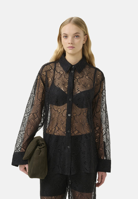 Black lace sheer button down blouse, oversized fit.