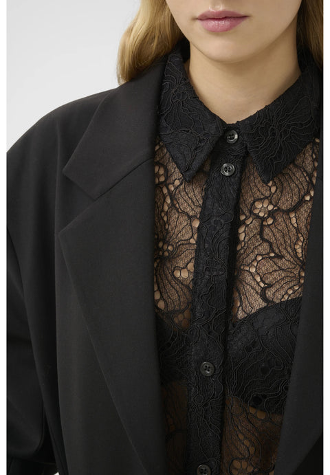 Black lace sheer button down blouse, oversized fit.