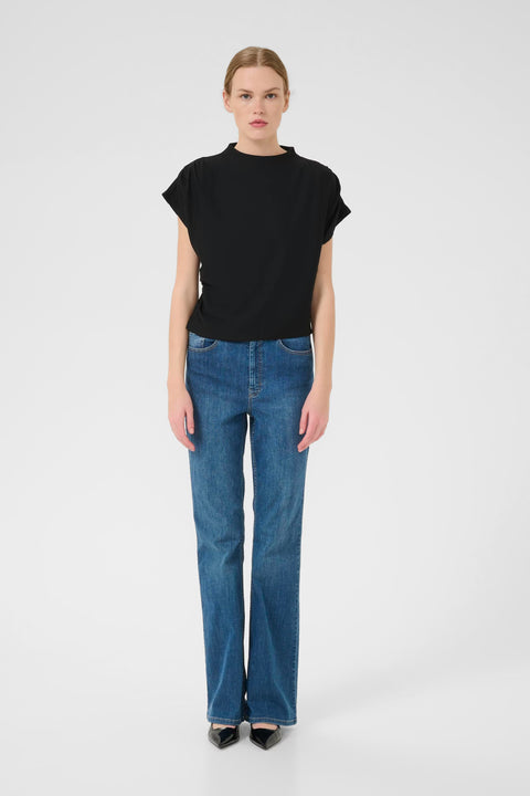 Classic minimalist cream mock neck top with cap sleeves. structured fabric.