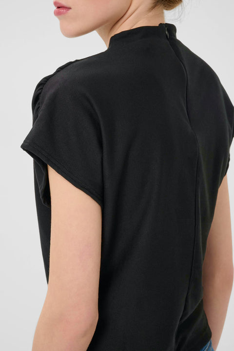 Classic minimalist cream mock neck top with cap sleeves. structured fabric.