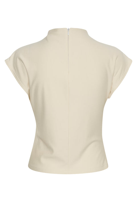 Classic minimalist cream mock neck top with cap sleeves. structured fabric.
