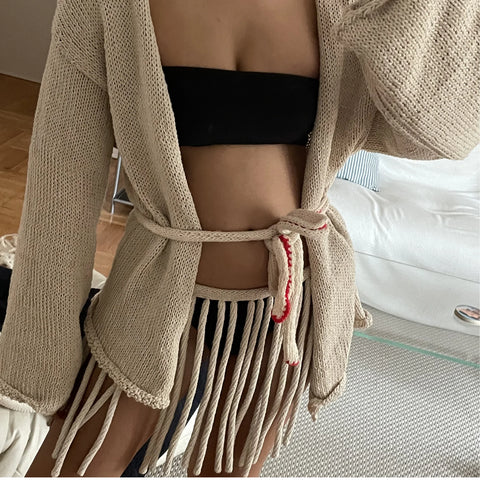 Hand crocheted fringe skirt with adjustable tie closure