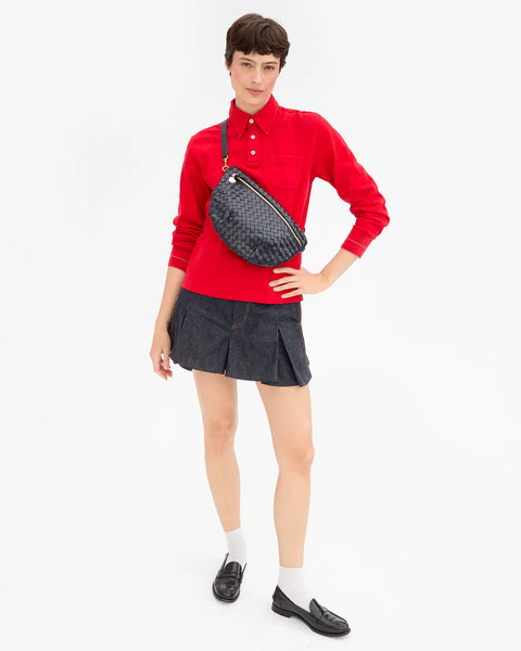 Clare V Grande Fanny Twilight Navy Diagonal Woven - worn as bum bag showing hands-free carry option