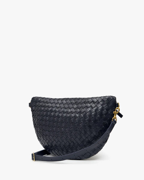 Clare V Grande Fanny Twilight Navy Diagonal Woven - front view of navy woven leather belt bag