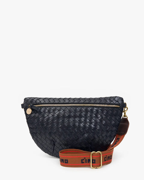 Clare V Grande Fanny Navy Woven - diagonal woven leather texture detail and chambray lining