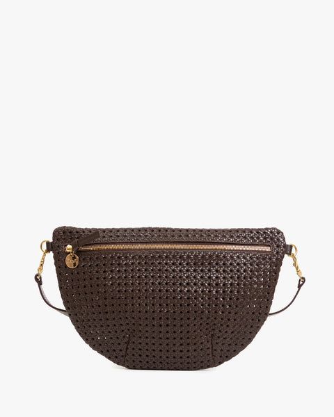 Clare V Grande Fanny in Chocolate Rattan – unlined rattan leather belt bag with detachable adjustable strap, worn as crossbody or bum bag