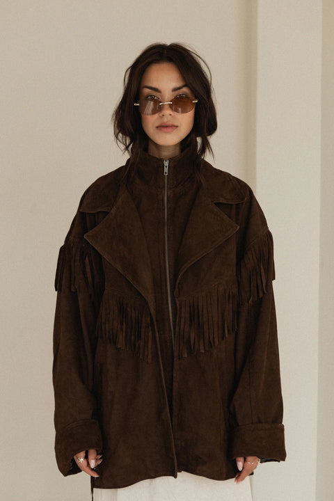 Leather suede womens jacket with fringe, oversized with a double collar