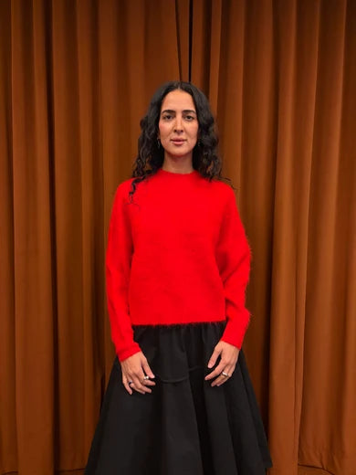 Et Tigre Lillian Sweater in Red - Women's Superfine Alpaca Blend Crew Neck Pullover with Tonal Red Ribbed Collar, Cuff and Hem